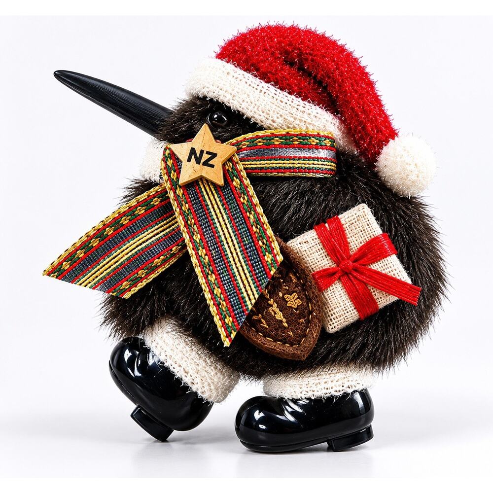 New Zealand Kiwi Bird Christmas Ornament Faux Fur Santa Hat Gift NZ 5”